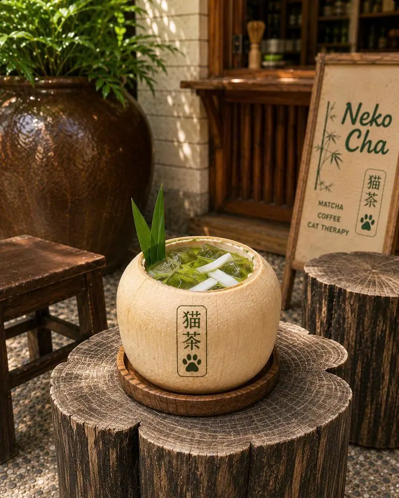 Ly matcha đá phục vụ trong trái dừa khắc chữ 猫茶, đặt trên gốc cây