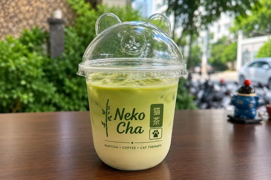 Ly matcha latte nắp hình đầu gấu đặt trên bàn gỗ