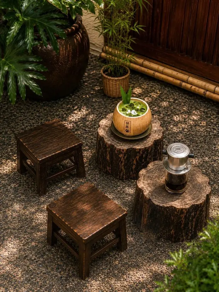 Sân sỏi với ghế gỗ thấp, chậu tre và bình gốm